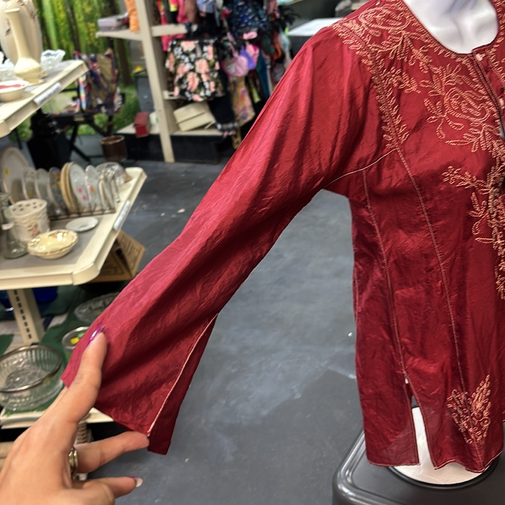 Vintage 100% Natural Silk Red Embroidered Top - Picture 2 of 9